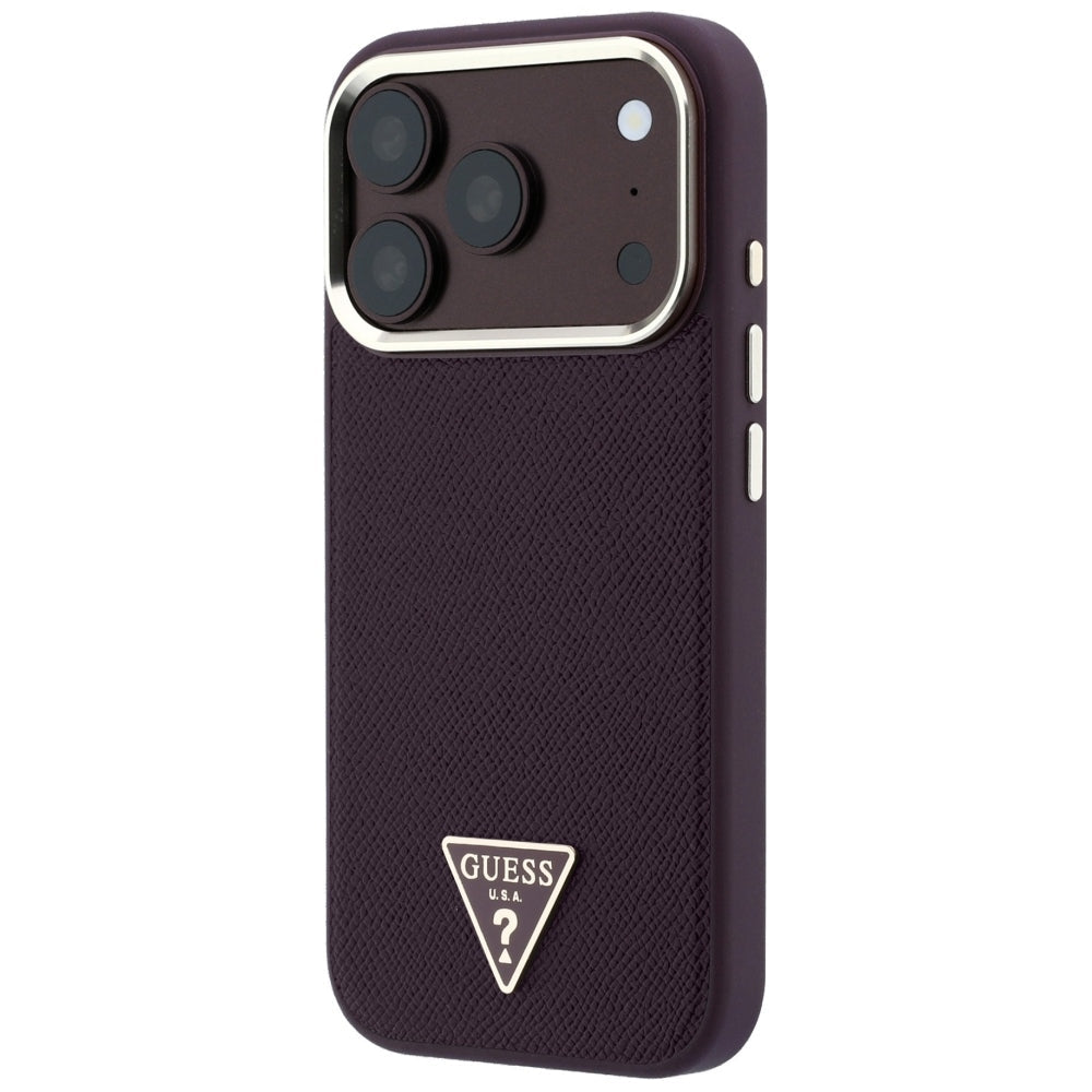 Guess iPhone 18 Pro / iPhone 17 Pro - Σκληρή Θήκη με Πλαίσιο Σιλικόνης και Συνθετικό Δέρμα MagSafe - Grained Triangle Logo - Burgundy