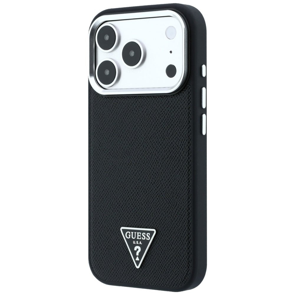 Guess iPhone 18 Pro Max / iPhone 17 Pro Max - Σκληρή Θήκη με Πλαίσιο Σιλικόνης και Συνθετικό Δέρμα MagSafe - Grained Triangle Logo - Black