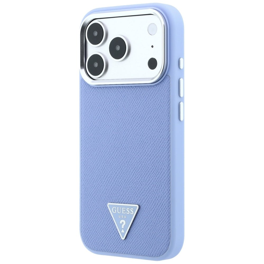 Guess iPhone 18 Pro Max / iPhone 17 Pro Max - Σκληρή Θήκη με Πλαίσιο Σιλικόνης και Συνθετικό Δέρμα MagSafe - Grained Triangle Logo - Blue