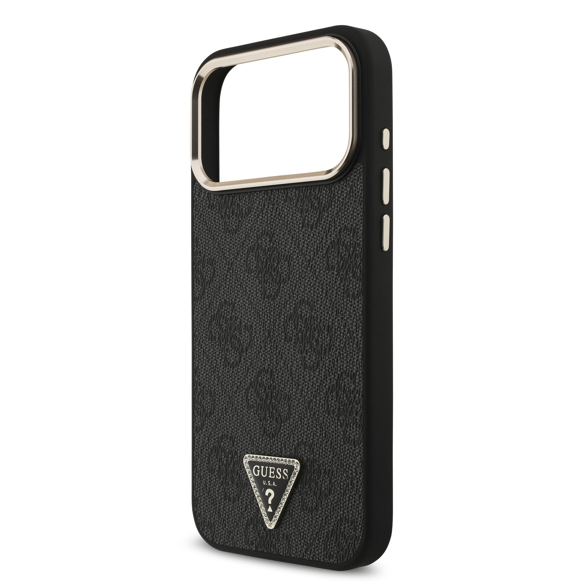 Guess iPhone 17 Pro Max / iPhone 18 Pro Max - Σκληρή Θήκη με Πλαίσιο Σιλικόνης και Επένδυση Συνθετικού Δέρματος - PU Leather 4G Strass Triangle Logo Gold Frame MagSafe - Black
