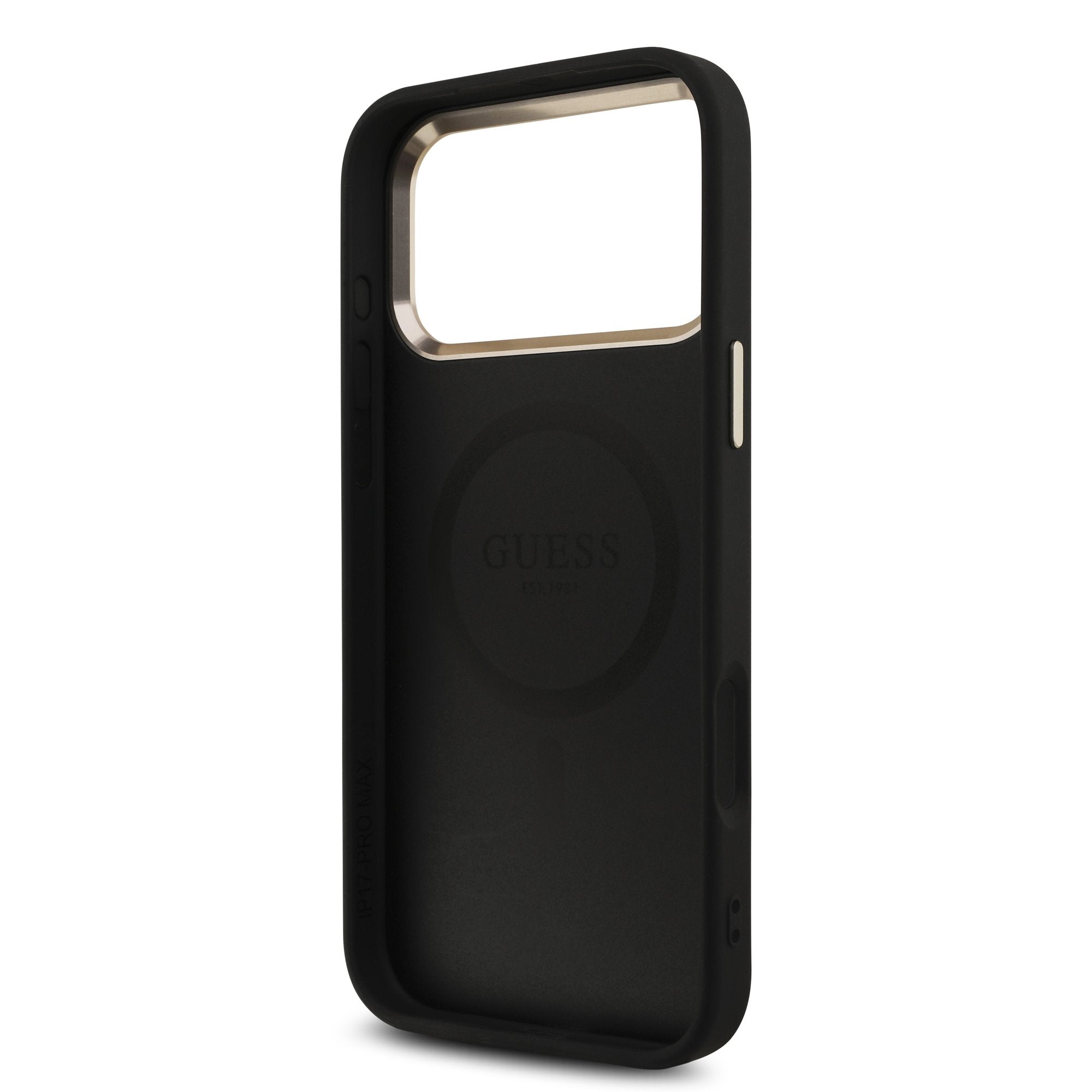 Guess iPhone 17 Pro Max / iPhone 18 Pro Max - Σκληρή Θήκη με Πλαίσιο Σιλικόνης και Επένδυση Συνθετικού Δέρματος - PU Leather 4G Strass Triangle Logo Gold Frame MagSafe - Black