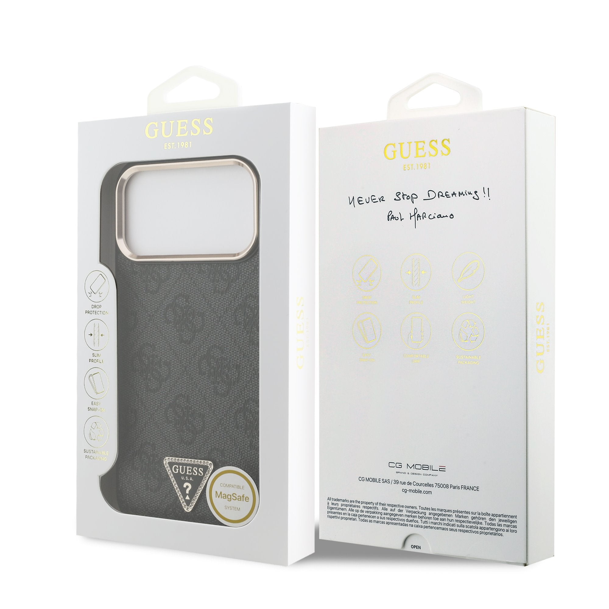 Guess iPhone 17 Pro Max / iPhone 18 Pro Max - Σκληρή Θήκη με Πλαίσιο Σιλικόνης και Επένδυση Συνθετικού Δέρματος - PU Leather 4G Strass Triangle Logo Gold Frame MagSafe - Black