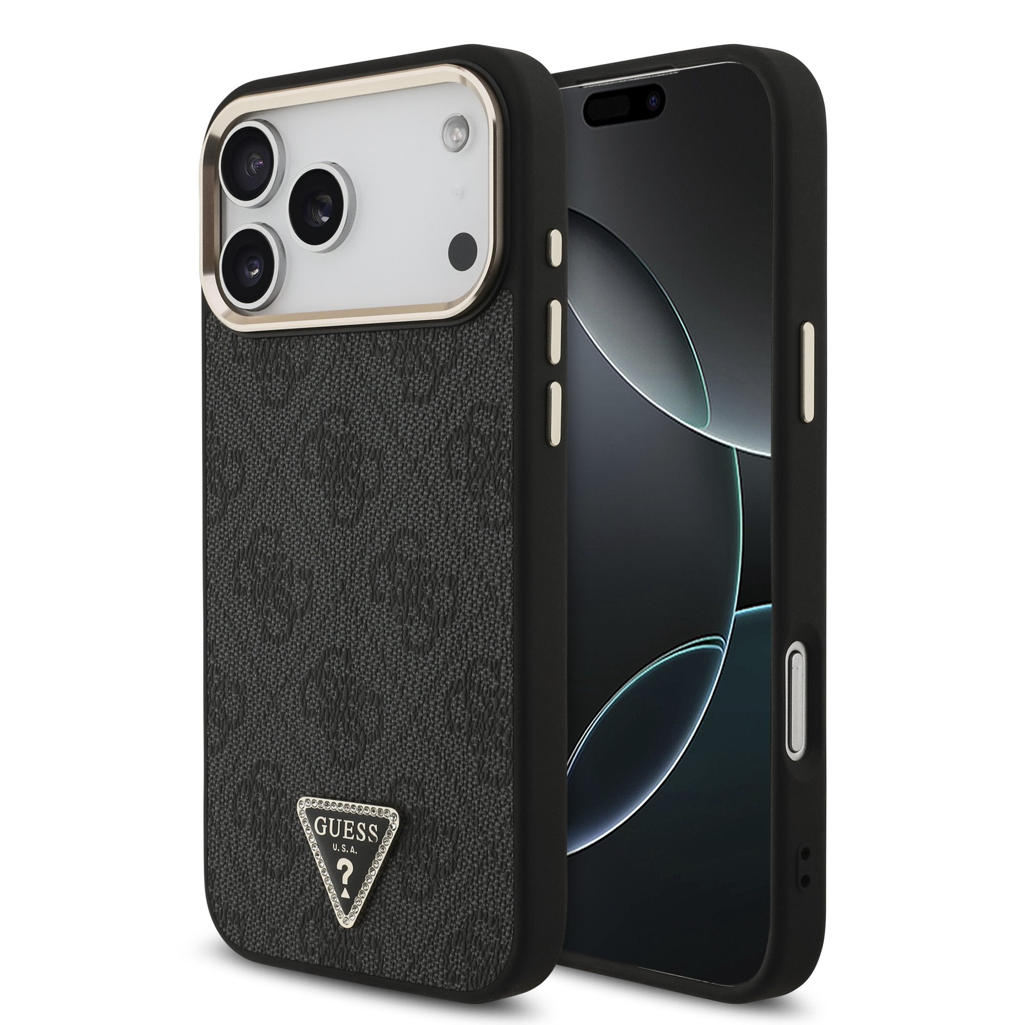 Guess iPhone 17 Pro Max / iPhone 18 Pro Max - Σκληρή Θήκη με Πλαίσιο Σιλικόνης και Επένδυση Συνθετικού Δέρματος - PU Leather 4G Strass Triangle Logo Gold Frame MagSafe - Black