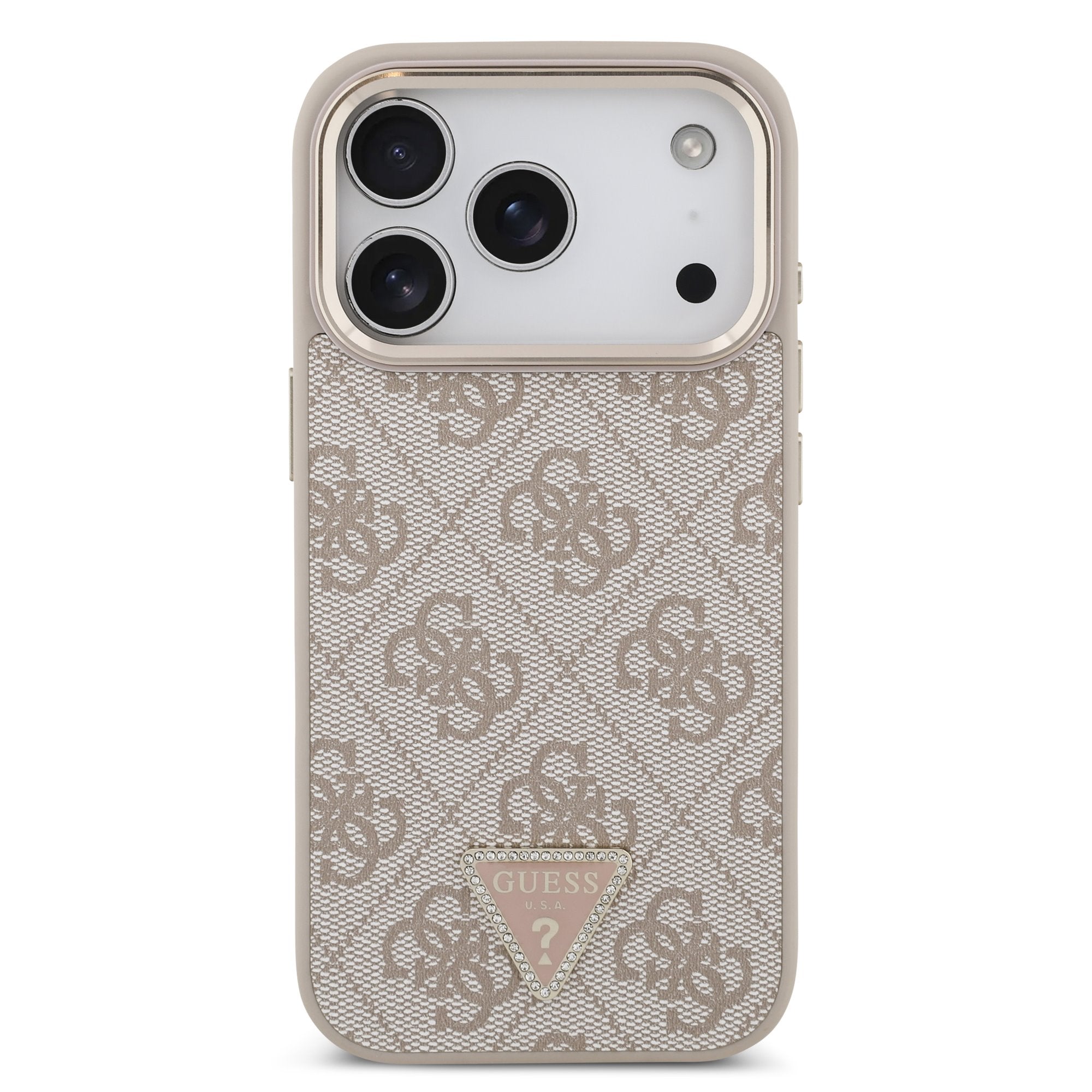 Guess iPhone 17 Pro / iPhone 18 Pro - Σκληρή Θήκη με Πλαίσιο Σιλικόνης και Επένδυση Συνθετικού Δέρματος - PU Leather 4G Strass Triangle Logo Gold Frame MagSafe - Pink