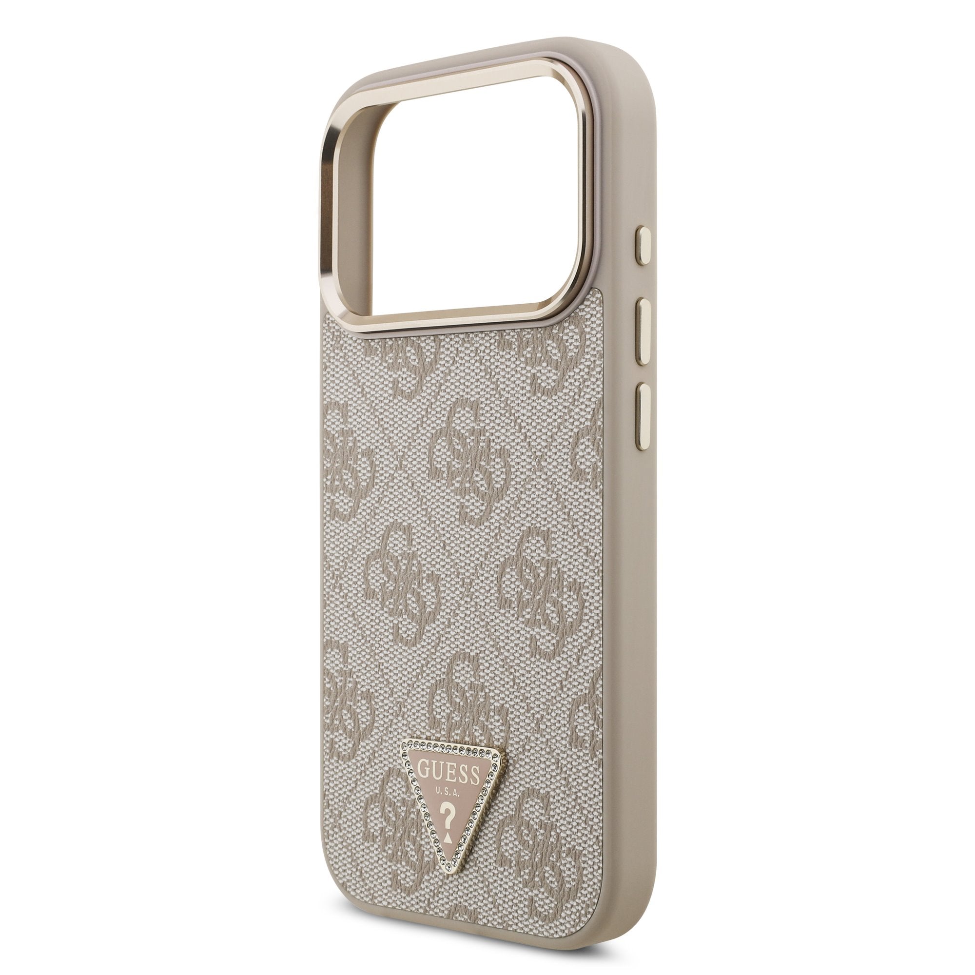 Guess iPhone 17 Pro / iPhone 18 Pro - Σκληρή Θήκη με Πλαίσιο Σιλικόνης και Επένδυση Συνθετικού Δέρματος - PU Leather 4G Strass Triangle Logo Gold Frame MagSafe - Pink