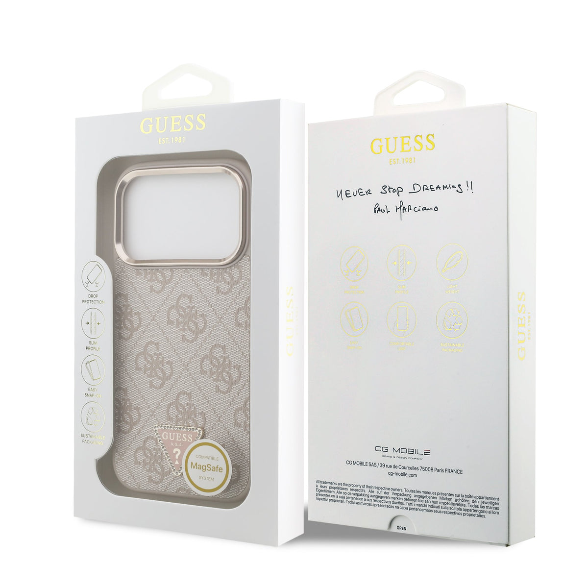 Guess iPhone 17 Pro / iPhone 18 Pro - Σκληρή Θήκη με Πλαίσιο Σιλικόνης και Επένδυση Συνθετικού Δέρματος - PU Leather 4G Strass Triangle Logo Gold Frame MagSafe - Pink