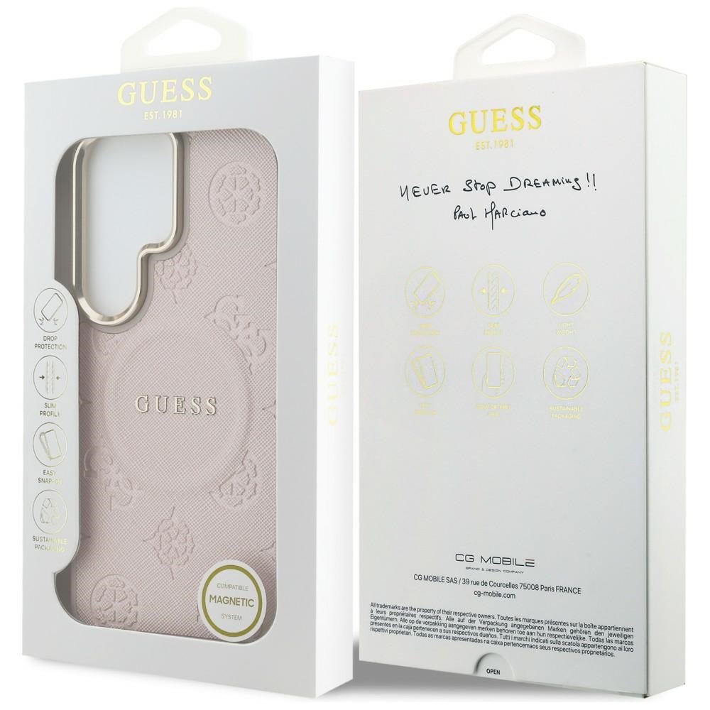 Guess Samsung Galaxy S26 Ultra - Σκληρή Θήκη με Επένδυση Οικολογικού Δέρματος - Saffiano Peony Embossed Ring MagSafe - Pink