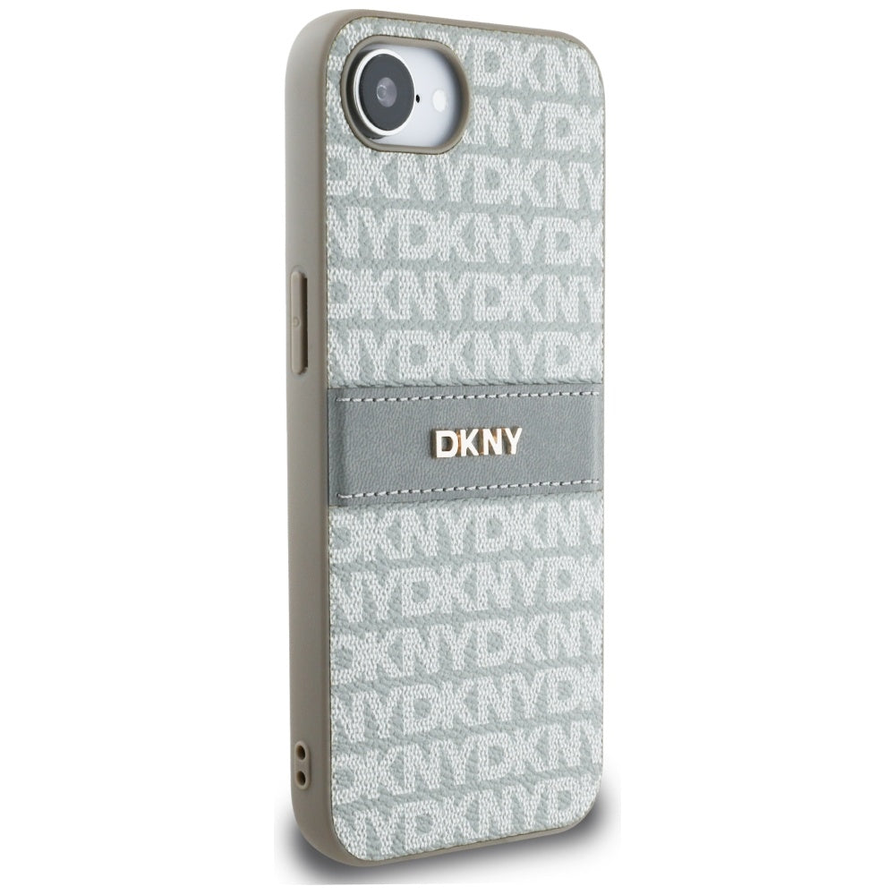 DKNY iPhone 16e - Repeat Texture Pattern with Tonal Stripe - Σκληρή Θήκη με Πλαίσιο Σιλικόνης και Επένδυση Συνθετικού Δέρματος - Beige