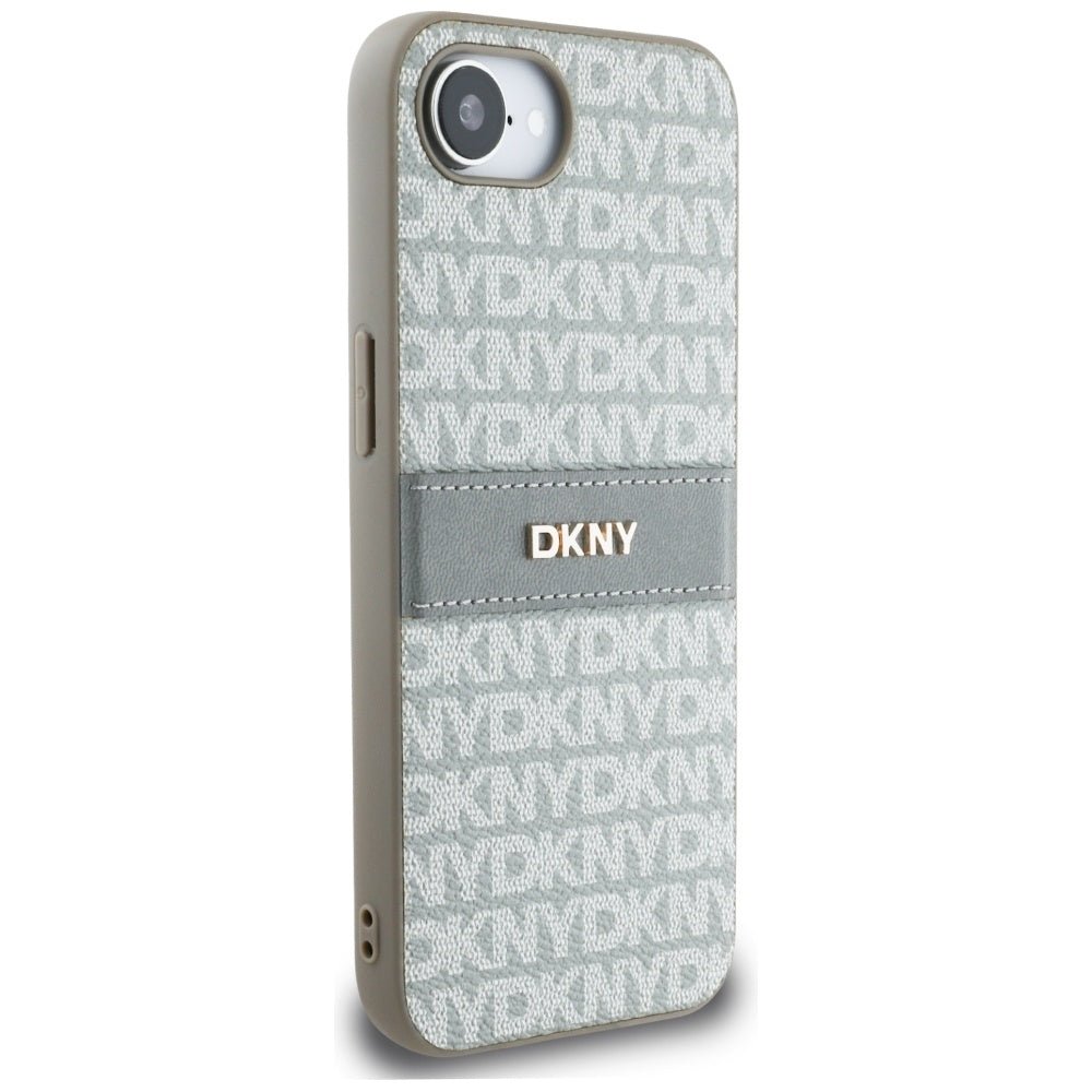 DKNY iPhone 16e - Repeat Texture Pattern with Tonal Stripe - Σκληρή Θήκη με Πλαίσιο Σιλικόνης και Επένδυση Συνθετικού Δέρματος - Beige