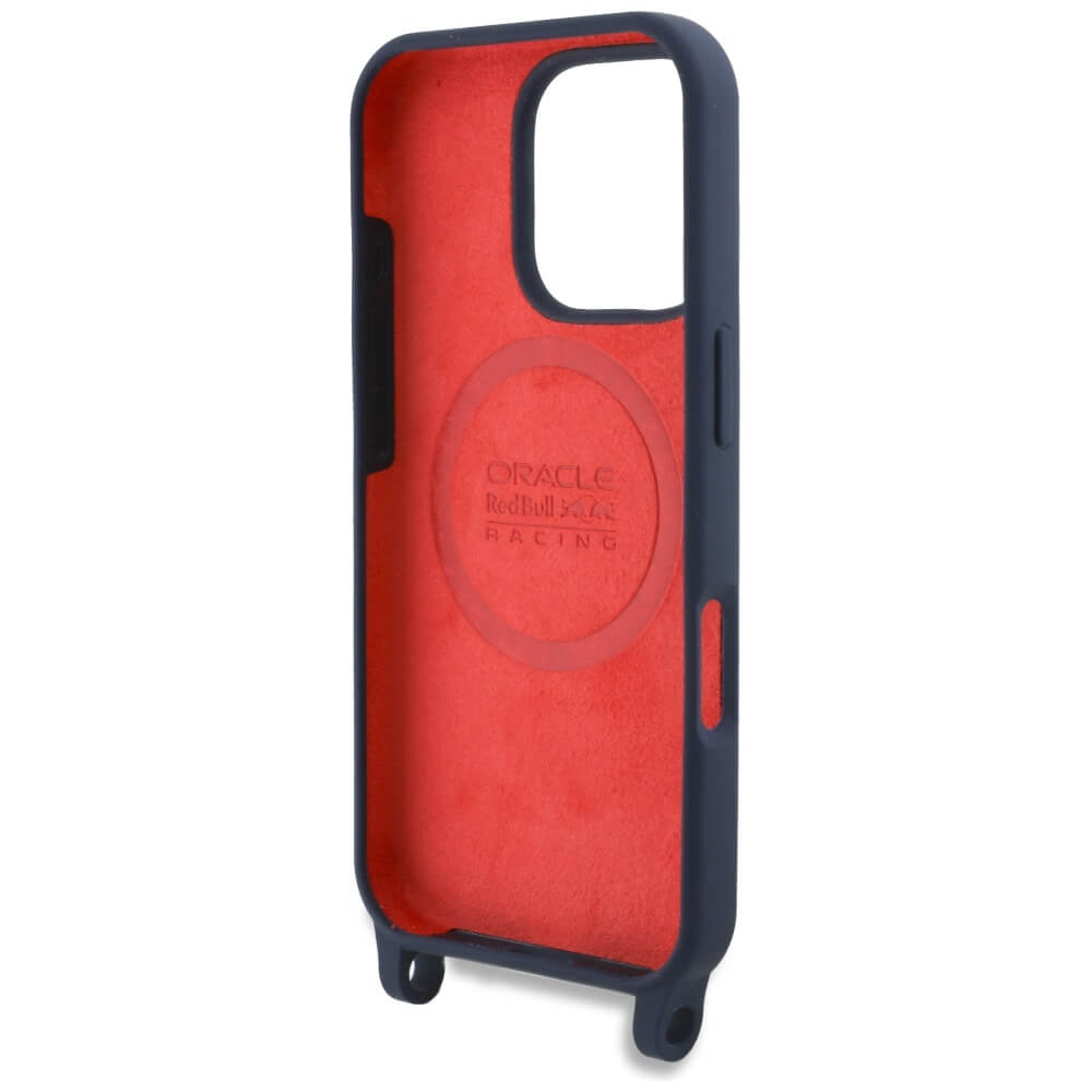 Red Bull iPhone 16 Pro - Silicone Strap and Vertical Logo - MagSafe Σκληρή Θήκη με Πλαίσιο Σιλικόνης και Λουράκι - Navy Blue - RBHMP16L24SISOLRV