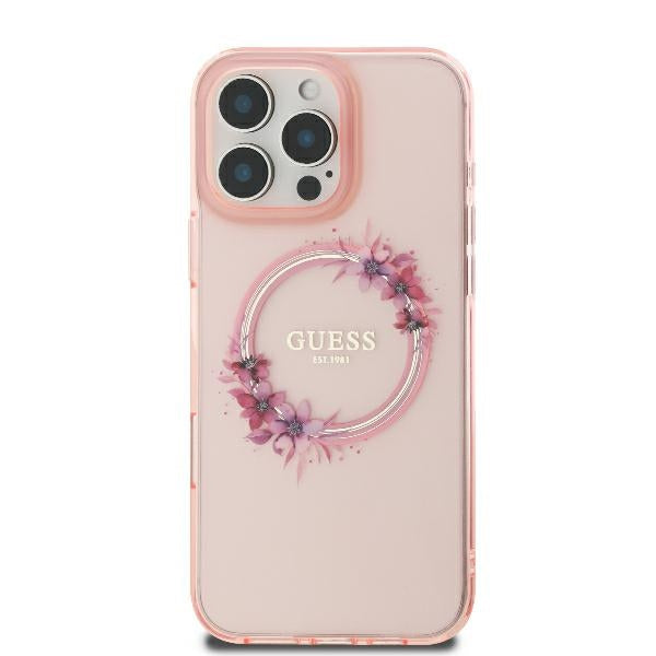 Guess iPhone 16 Pro - IML Flowers Wreath - MagSafe Σκληρή Θήκη με Πλαίσιο Σιλικόνης - Pink - GUHMP16LHFWFCP