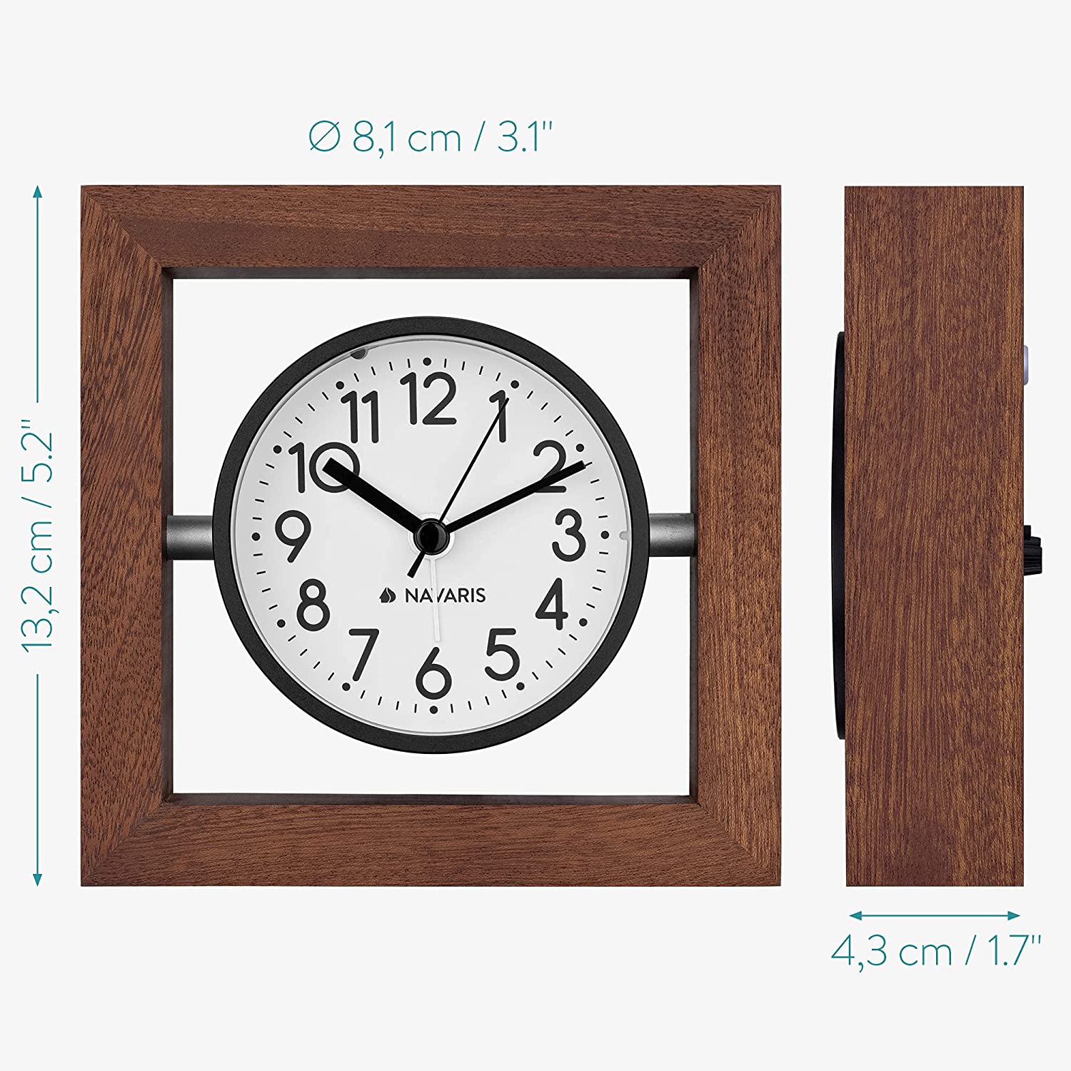 Navaris Analogue Wood Alarm Clock Design Square - Αναλογικό Επιτραπέζιο Ρολόι και Ξυπνητήρι - Dark Brown - 54473.18.02