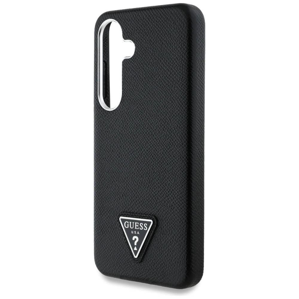 Guess Samsung Galaxy S25 - Grained Triangle Logo - MagSafe Σκληρή Θήκη με Πλαίσιο Σιλικόνης και Συνθετικό Δέρμα - Black - GUHMS25SPGTSPSK