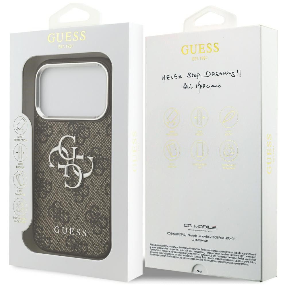 Guess iPhone 17 Pro - 4G Big 4G Classic Logo - Σκληρή Θήκη με Πλαίσιο Σιλικόνης και Επένδυση από Οικολογικό Δέρμα - Brown / Silver - GUHCP17LP4G4SMCW