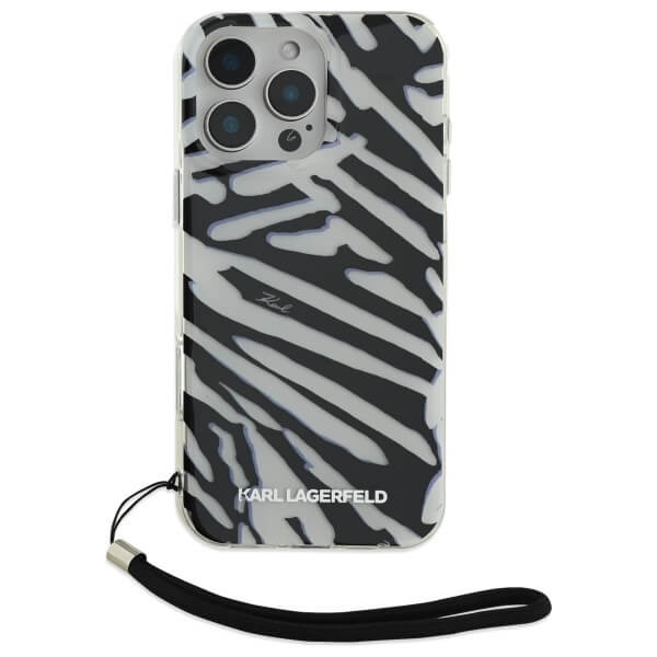 Karl Lagerfeld iPhone 16 Pro - IML Zebra Pattern and Cord - Σκληρή Θήκη με Πλαίσιο Σιλικόνης και Λουράκι - Black - KLHCP16LHZBPKCCK