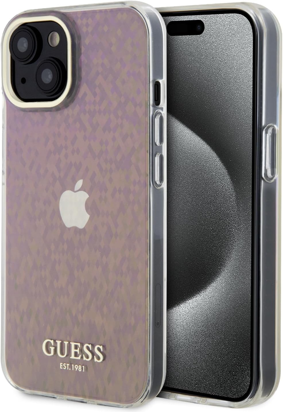 Guess iPhone 15 IML Faceted Mirror Disco Iridescent Σκληρή Θήκη με Πλαίσιο Σιλικόνης - Pink - GUHCP15SHDECMP