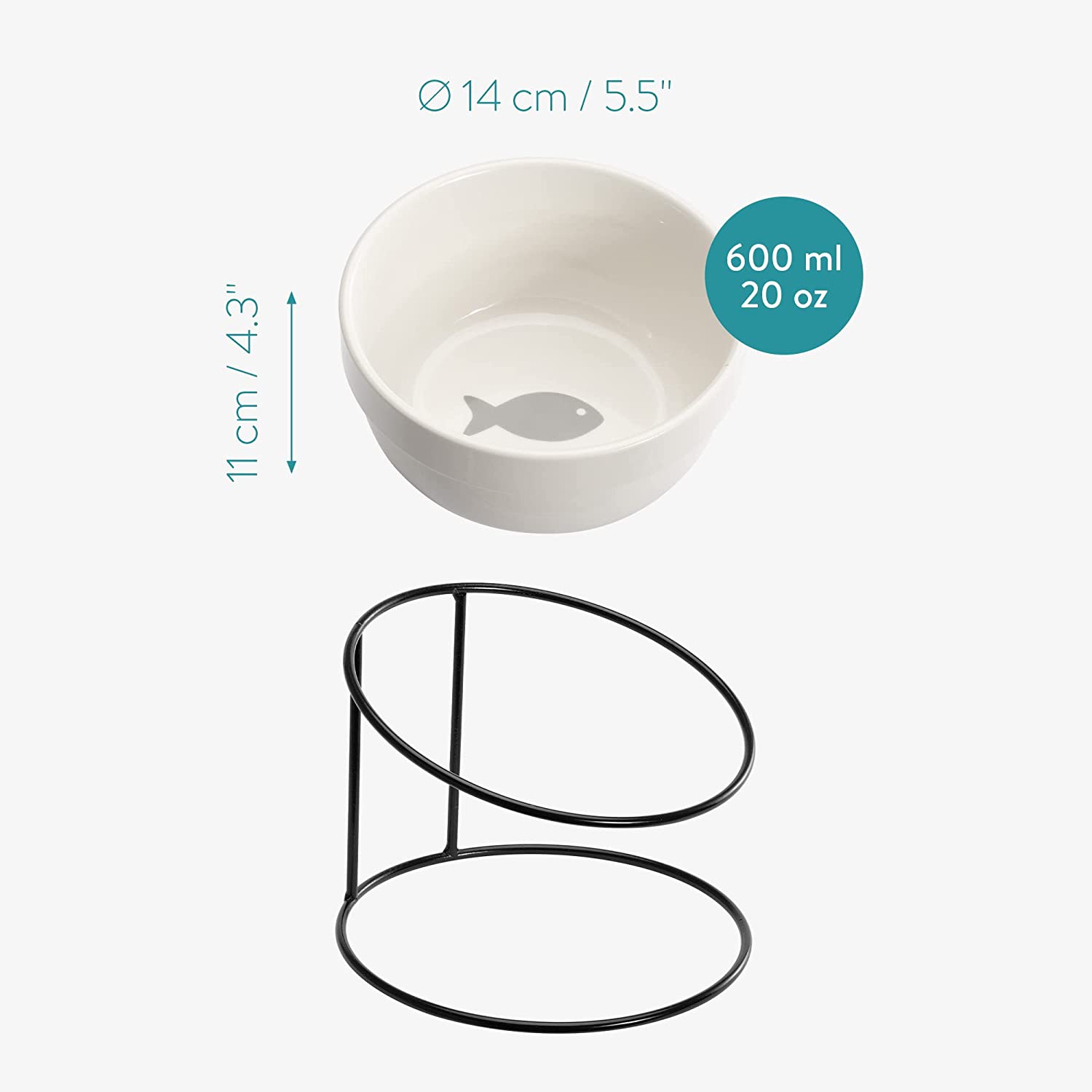 Navaris Σετ με 2 Κεραμικά Μπολ Φαγητού και Νερού 600ml με Σιδερένια Βάση για Κατοικίδια - White - Black / Gold - 55984.01