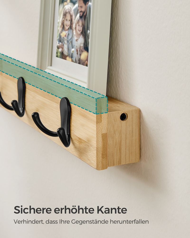 Songmics Επιτοίχια Ξύλινη Κρεμάστρα από Μπαμπού με 4 Μεταλλικούς Γάντζους και Ράφι - Natural Beige - LCR006N01