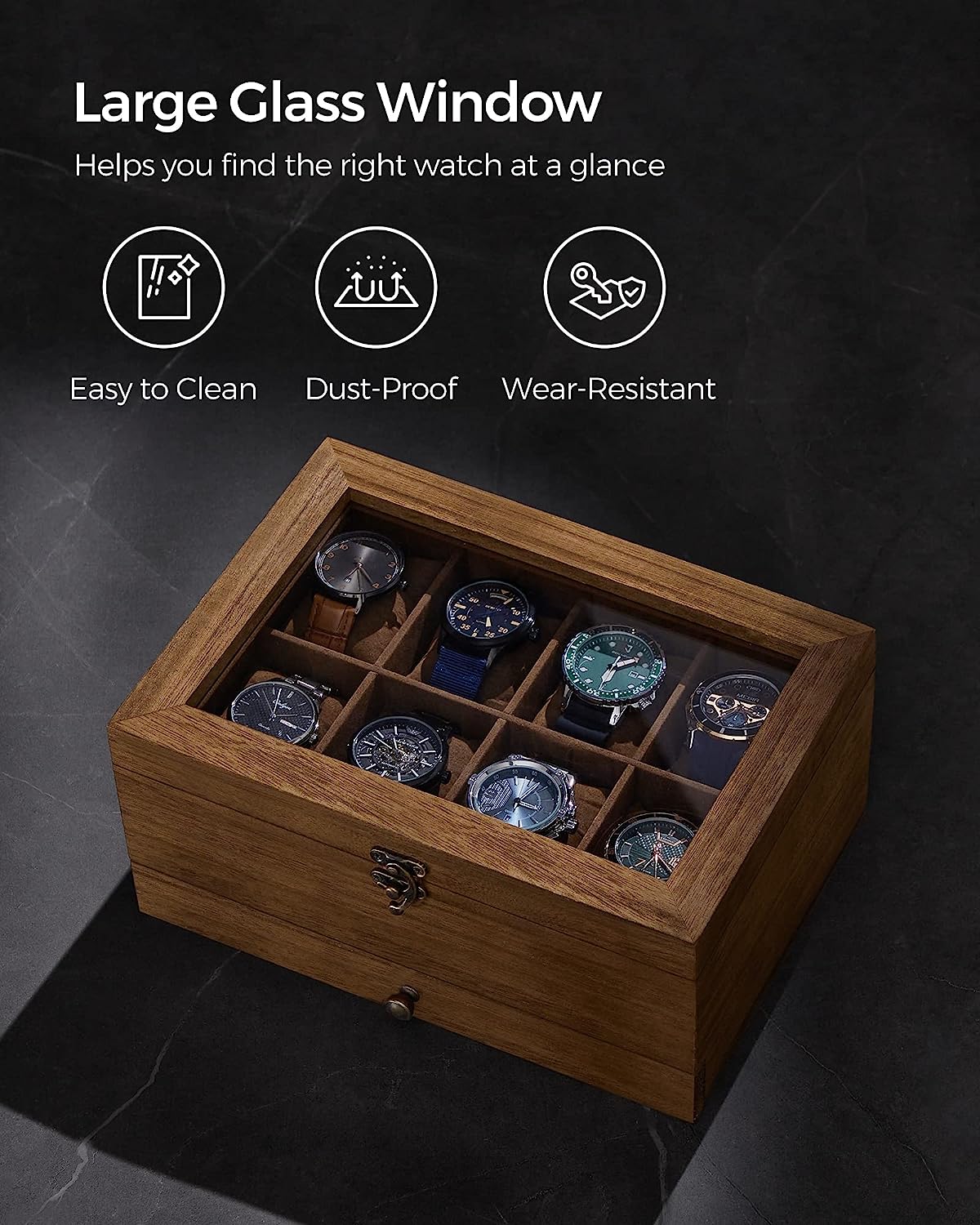 Songmics Κουτί Αποθήκευσης 8 Ρολογιών και Κοσμημάτων - Rustic Walnut - JOW008K01