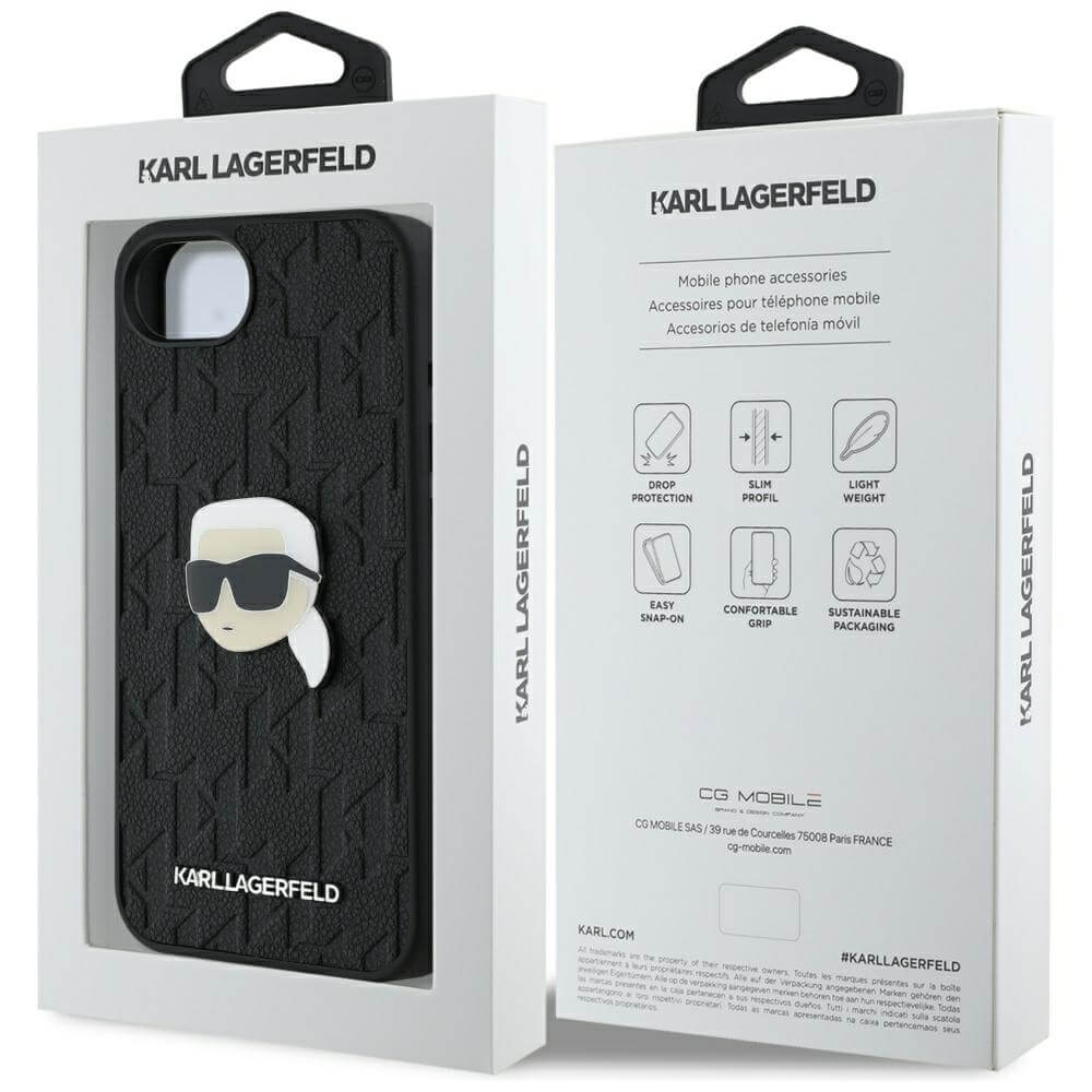 Karl Lagerfeld iPhone 16e - Monogram Karl Head Pin Σκληρή Θήκη με Επένδυση Συνθετικού Δέρματος - Black - KLHCPSE4PGKLKIPK - likebrands.gr