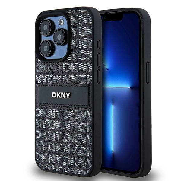 DKNY iPhone 15 Pro Max - Leather Mono Stripe and Metal Logo Σκληρή Θήκη με Επένδυση Συνθετικού Δέρματος - Black