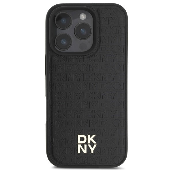 DKNY iPhone 16 Pro Max - Repeat Pattern Stack Logo MagSafe - Σκληρή Θήκη με Επένδυση Συνθετικού Δέρματος - Black