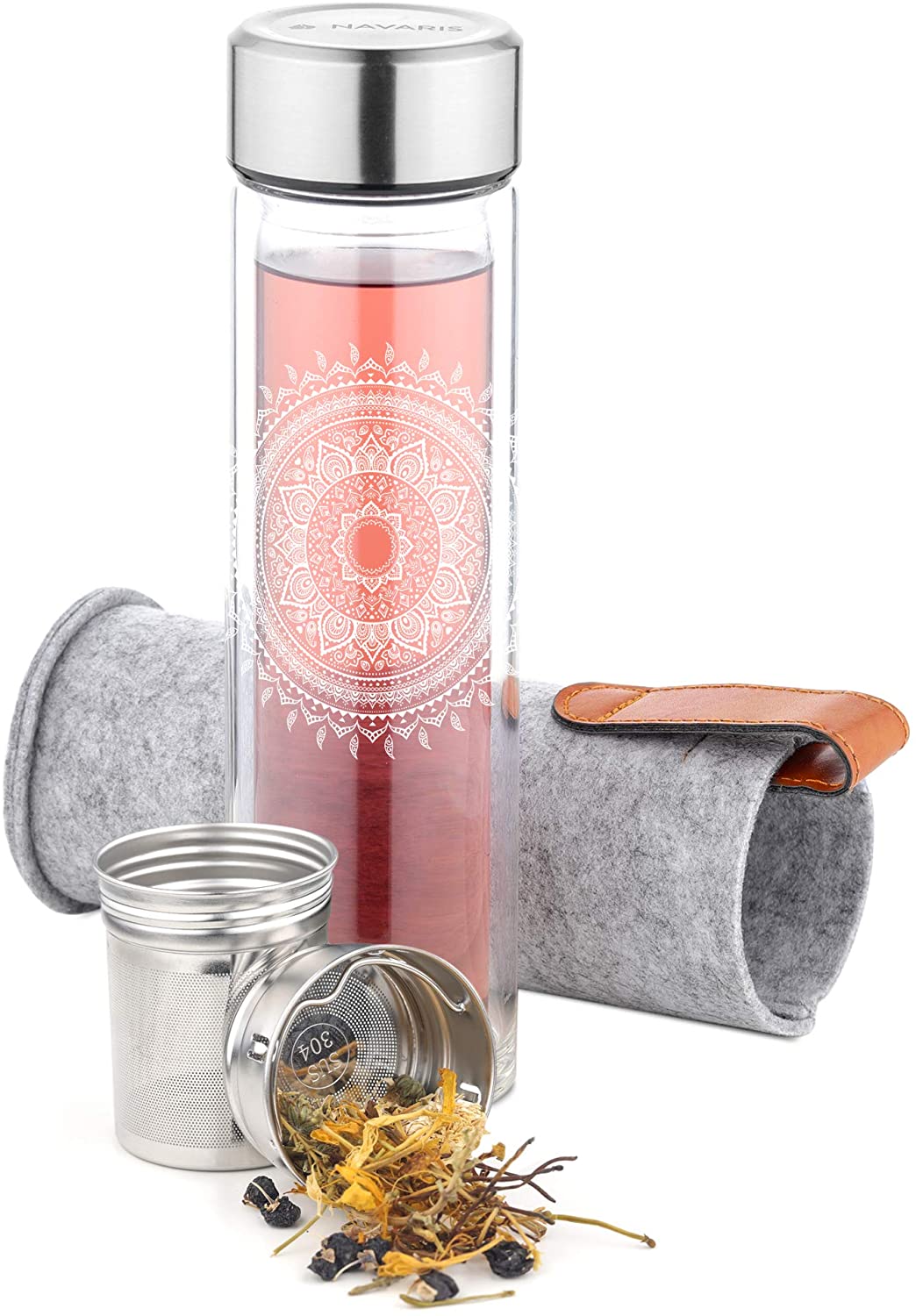 Navaris Γυάλινο Μπουκάλι Τσαγιού με Θήκη μεταφοράς - 500ml - Design Indian Sun - Clear - 52420.2.02