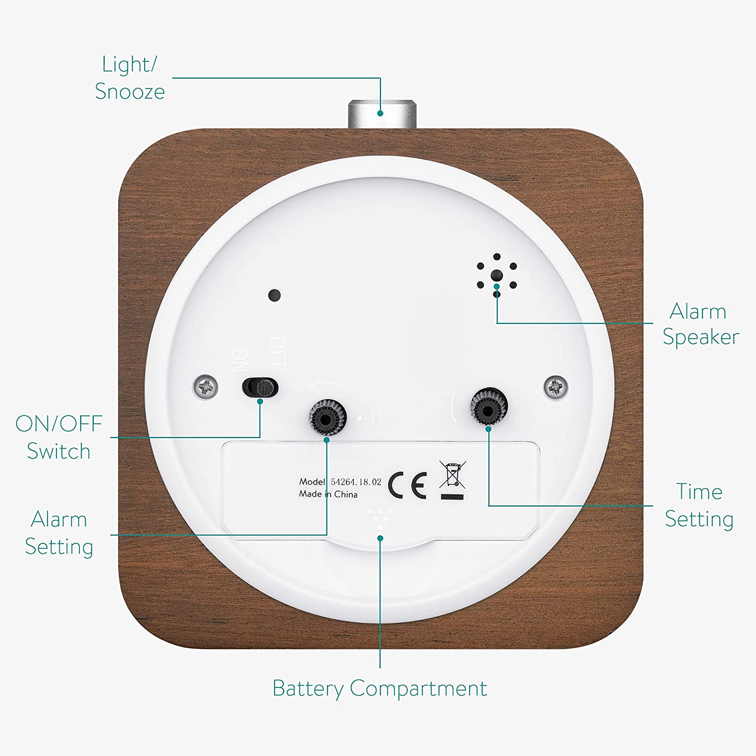 Navaris Αναλογικό Επιτραπέζιο Ρολόι και Ξυπνητήρι - Design Retro Square - Dark Brown - 54264.18.02