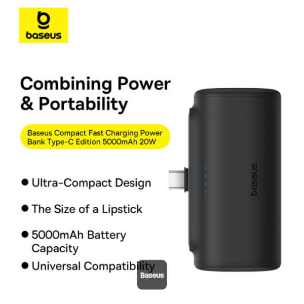 Baseus Compact Series Type-C - PowerBank 5000mAh 20W με Καλώδιο Type-C to Type-C - Black - P10068306113-00