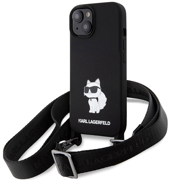 Karl Lagerfeld iPhone 15 Crossbody Silicone Choupette Σκληρή Θήκη με Πλαίσιο Σιλικόνης και Λουράκι - Black - KLHCP15SSCBSCNK