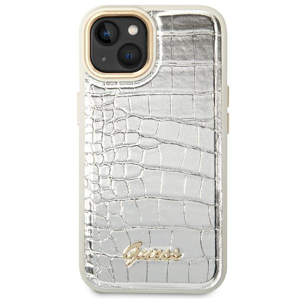 Guess iPhone 14 Plus Croco Collection Θήκη με Επένδυση Συνθετικού Δέρματος - Silver - GUHCP14MHGCRHS