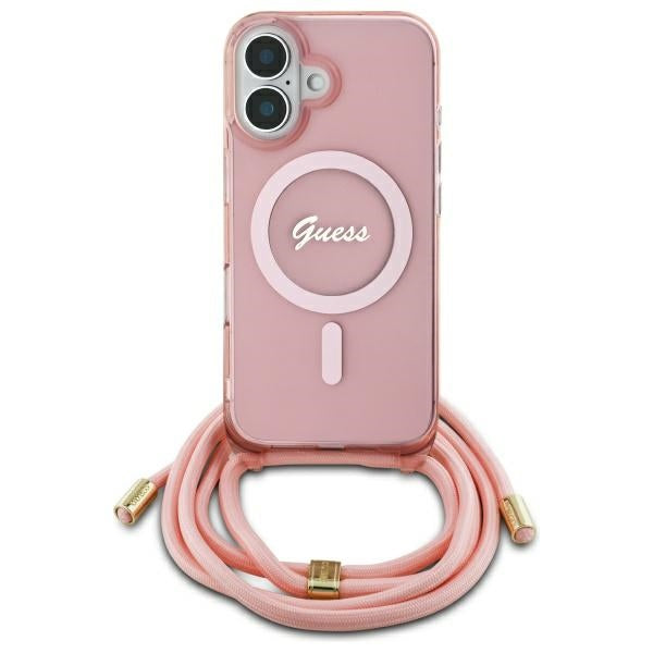 Guess iPhone 16 - Crossbody Cord Script MagSafe - Σκληρή Θήκη με Πλαίσιο Σιλικόνης και Λουράκι - Pink - GUHMP16SHCTSGNSP