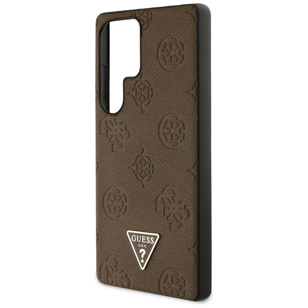 Guess Samsung Galaxy S25 Ultra - Grained Hot Stamp Peony Pattern Triangle Logo - MagSafe Σκληρή Θήκη με Πλαίσιο Σιλικόνης και Συνθετικό Δέρμα - Brown - GUHMS25LPGBTMW