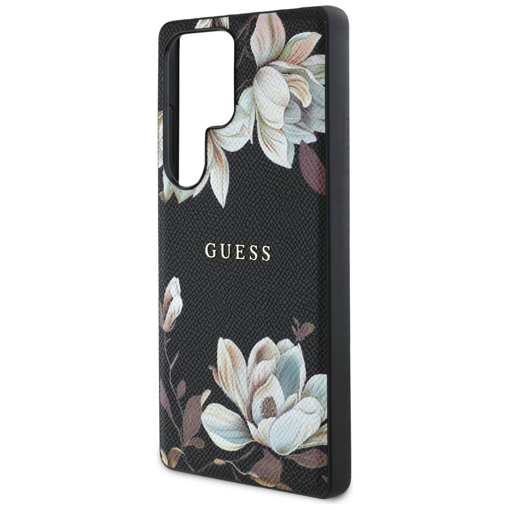 Guess Samsung Galaxy S25 Ultra - Grained Printed Flower Pattern - Θήκη με Επένδυση Συνθετικού Δέρματος και MagSafe - Black - GUHMS25LPGNMPLMK