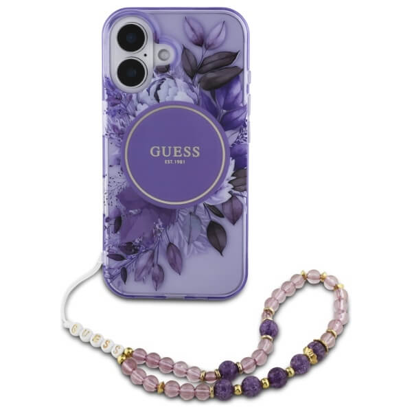 Guess iPhone 16 - IML Flowers With Pearl Strap MagSafe - Σκληρή Θήκη με Πλαίσιο Σιλικόνης και Λουράκι - Purple - GUHMP16SHFWBRCESU