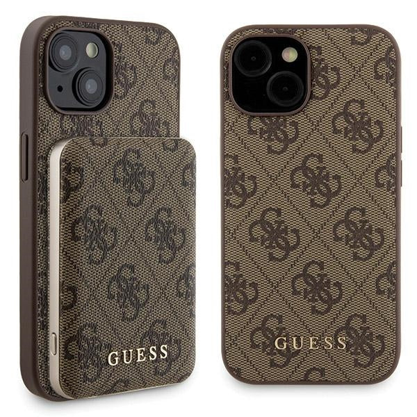 Guess iPhone 15 - 4G Metal Logo Σετ MagSafe Σκληρή Θήκη με Επένδυση Συνθετικού Δέρματος και Powerbank 5000mAh - Brown - GUBPM5P15S4GEMGW