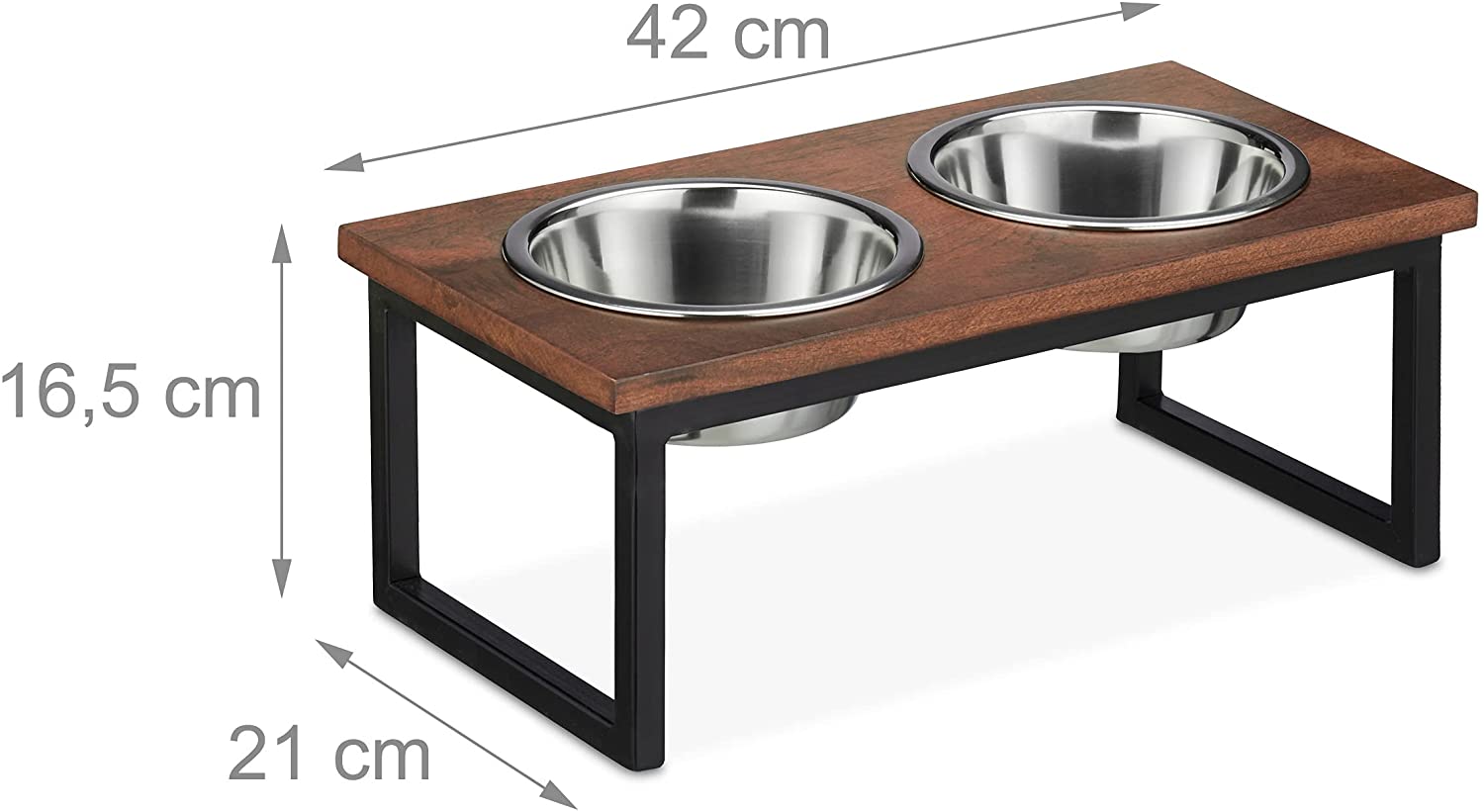 Relaxdays Ξύλινη Βάση από Μάνγκο με 2 Μπολ από Ανοξείδωτο Ατσάλι για Κατοικίδια - 1000 ml - Natural / Black - 4052025373832