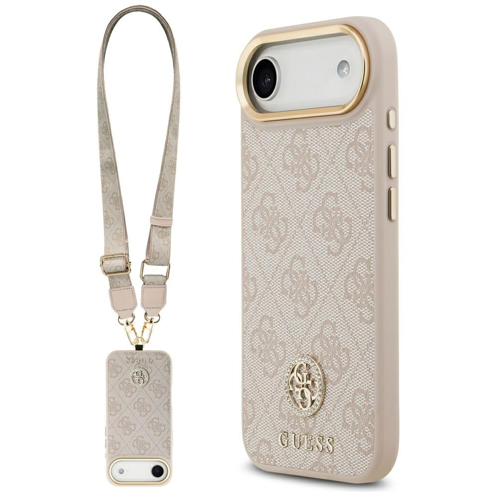 Guess iPhone Air - 4G Strass Logo and Big Strap Metal Buttons MagSafe - Θήκη με Επένδυση Συνθετικού Δέρματος και Λουράκι - Pink - GUHMP17MP4G4DCSP