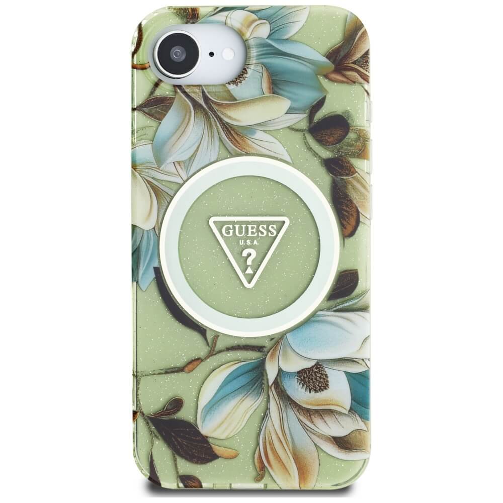 Guess iPhone 16e - IML Metal Glitter Flowers Triangle MagSafe - Σκληρή Θήκη με Πλαίσιο Σιλικόνης και MagSafe - Green - GUHMPSE4HFLPEDN