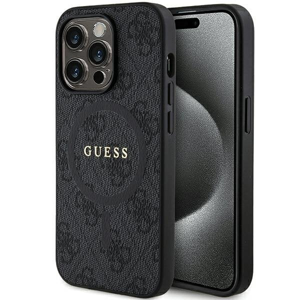 Guess iPhone 15 Pro - 4G Collection Leather Metal Logo MagSafe Θήκη με Επένδυση Συνθετικού Δέρματος και MagSafe - Black - GUHMP15LG4GFRK