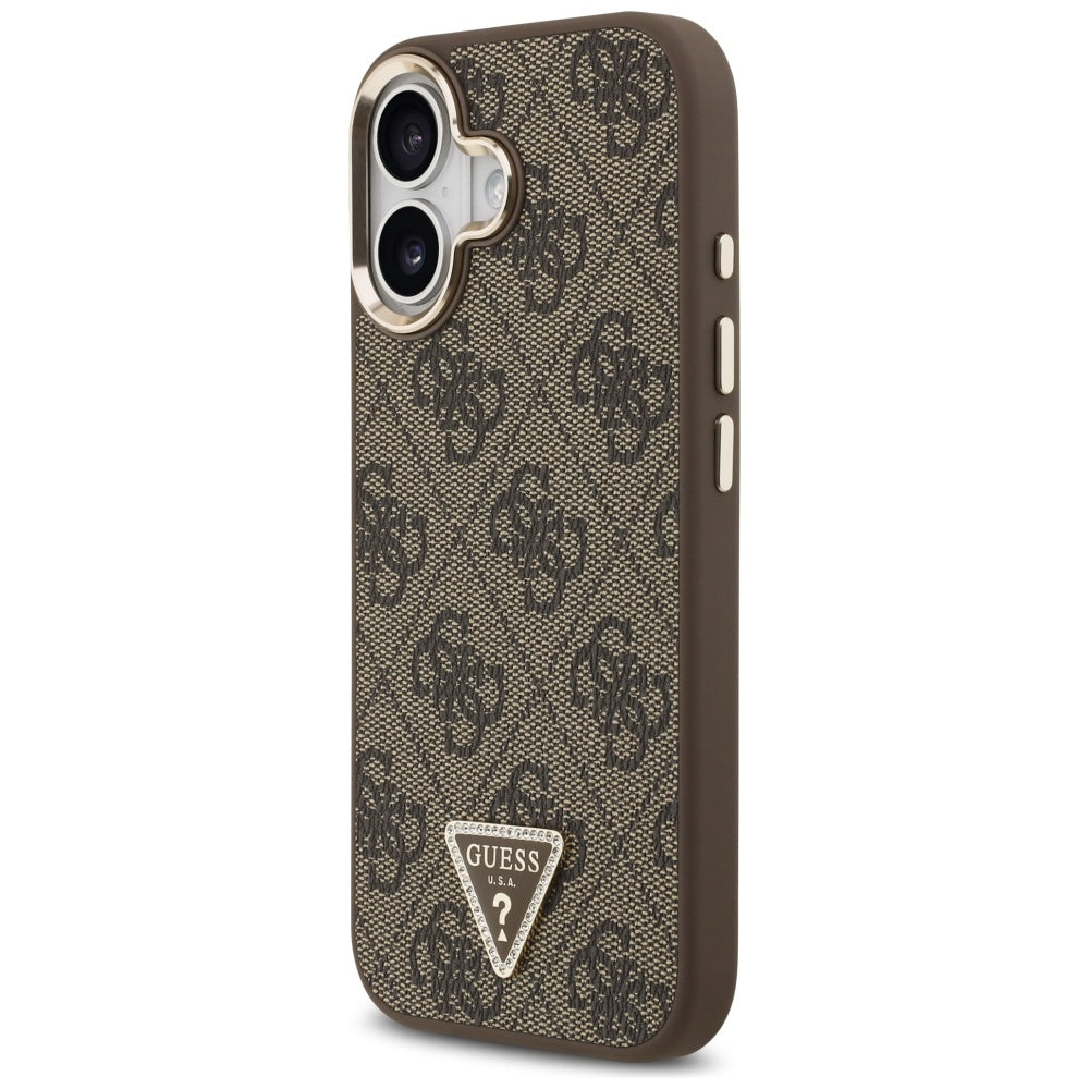 Guess iPhone 17 - 4G Triangle Strass Logo MagSafe - Σκληρή Θήκη με Επένδυση Συνθετικού Δέρματος - Brown / Gold - GUHMP17SP4GTDGMW