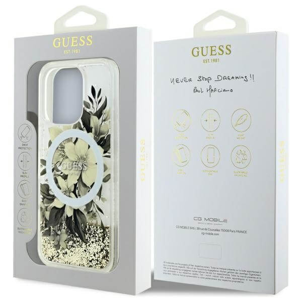 Guess iPhone 16 Pro Max - Liquid Glitter Flower - MagSafe Σκληρή Θήκη με Πλαίσιο Σιλικόνη - Beige - GUHMP16XLFMWTE