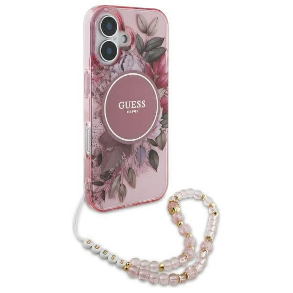 Guess iPhone 16 - IML Flowers With Pearl Strap MagSafe - Σκληρή Θήκη με Πλαίσιο Σιλικόνης και Λουράκι - Pink - GUHMP16SHFWBRCESP