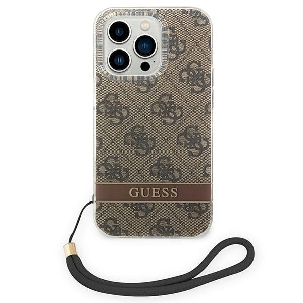 Guess iPhone 14 Pro Max 4G Print Strap Σκληρή Θήκη με Πλαίσιο Σιλικόνης και Λουράκι - Brown - GUOHCP14XH4STW