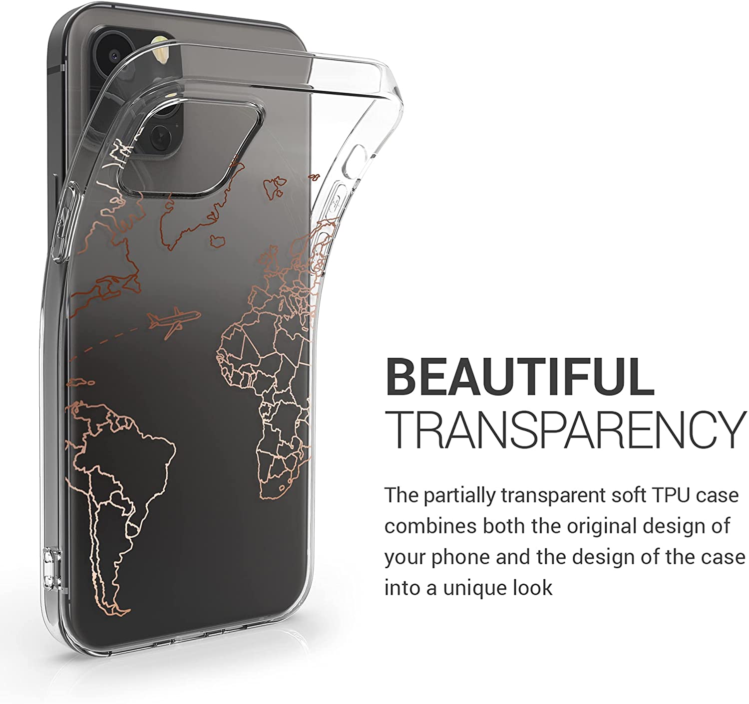 KW iPhone 12 Pro Max Θήκη Σιλικόνης TPU Design Travel Aeroplane - Rose Gold / Διάφανη - 53037.05