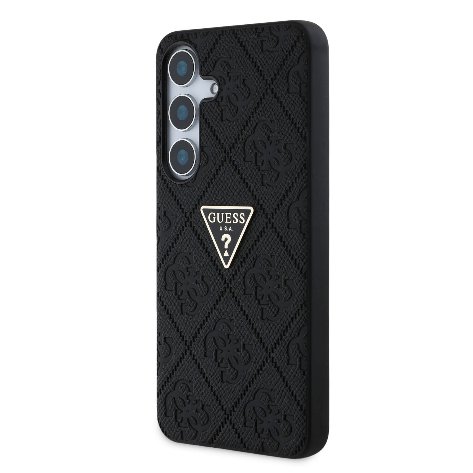 Guess Samsung Galaxy S25 - Hot Stamp 4G Pattern Triangle Metal Logo - Θήκη με Επένδυση Συνθετικού Δέρματος και Πλαίσιο Σιλικόνης - Black - GUHCS25SPGP4STRK