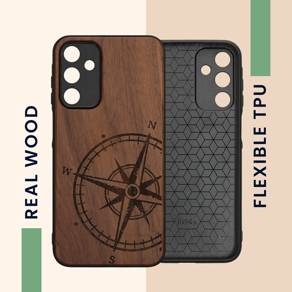 KW Samsung Galaxy A15 4G / A15 5G Θήκη από Φυσικό Ξύλο - Design Compass Vintage - Dark Brown