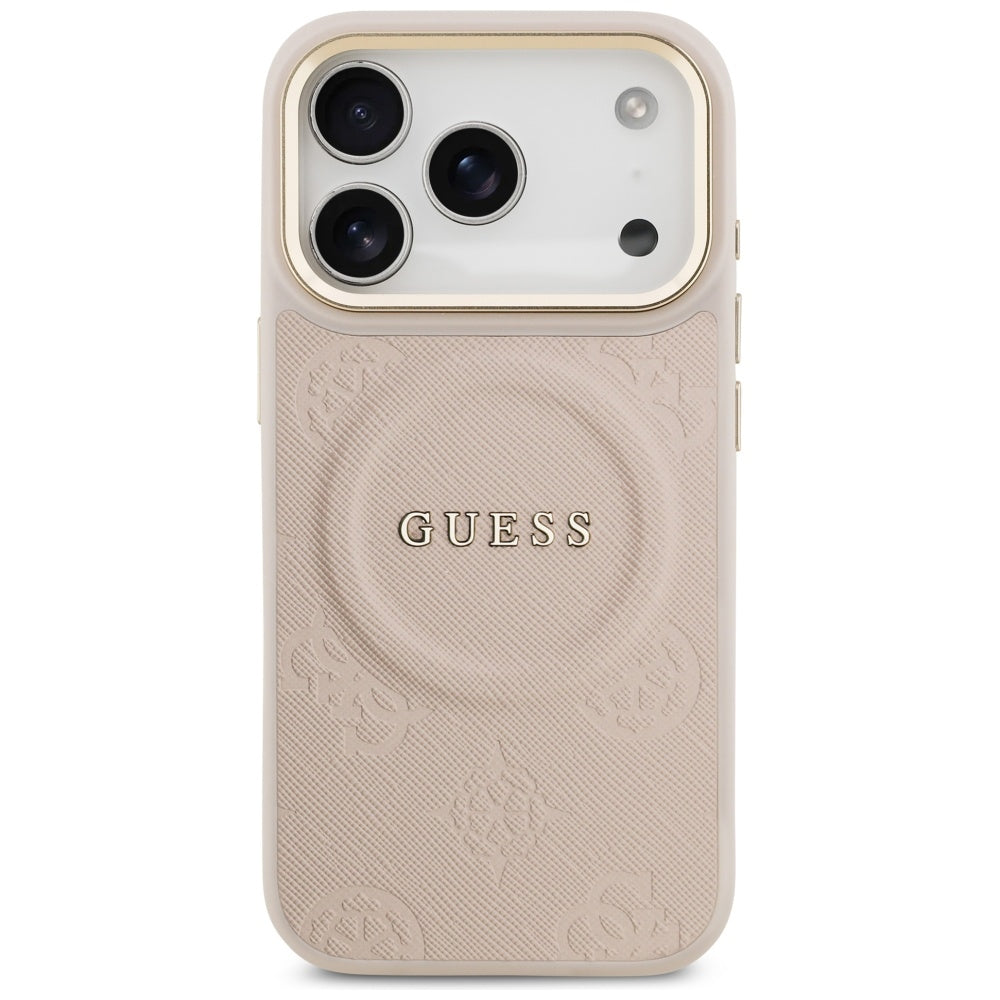 Guess iPhone 17 Pro - Peony Hot Stamp MagSafe - Σκληρή Θήκη με Επένδυση Συνθετικού Δέρματος - Pink - GUHMP17LPSAMSECP
