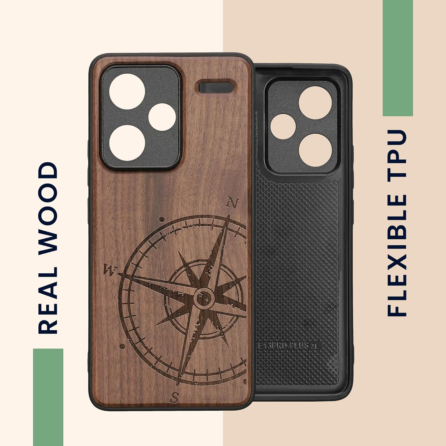 KW Xiaomi Redmi Note 13 Pro+ 5G Θήκη από Φυσικό Ξύλο - Design Navigational Compass - Dark Brown