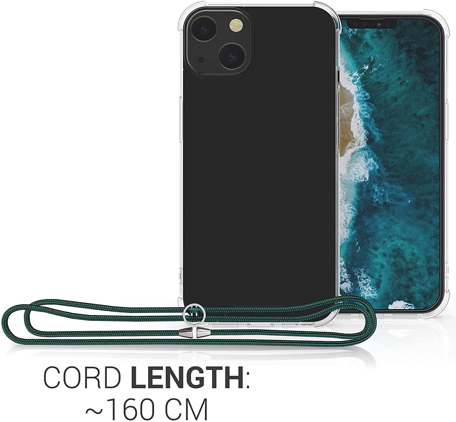 KW iPhone 13 Θήκη Σιλικόνης TPU με Λουράκι - Διάφανη / Dark Green - 55949.80